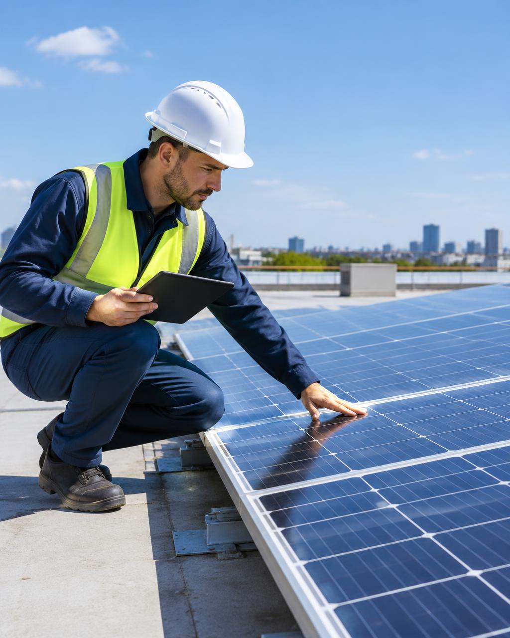 Engenheiro analisando painéis fotovoltaicos com tablet