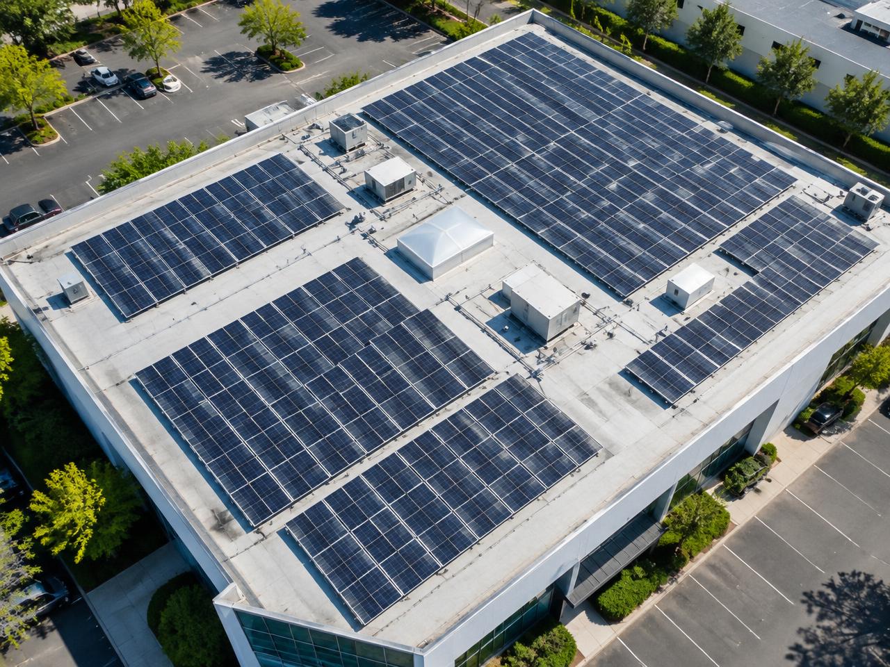 Vista aérea de painéis solares em cobertura