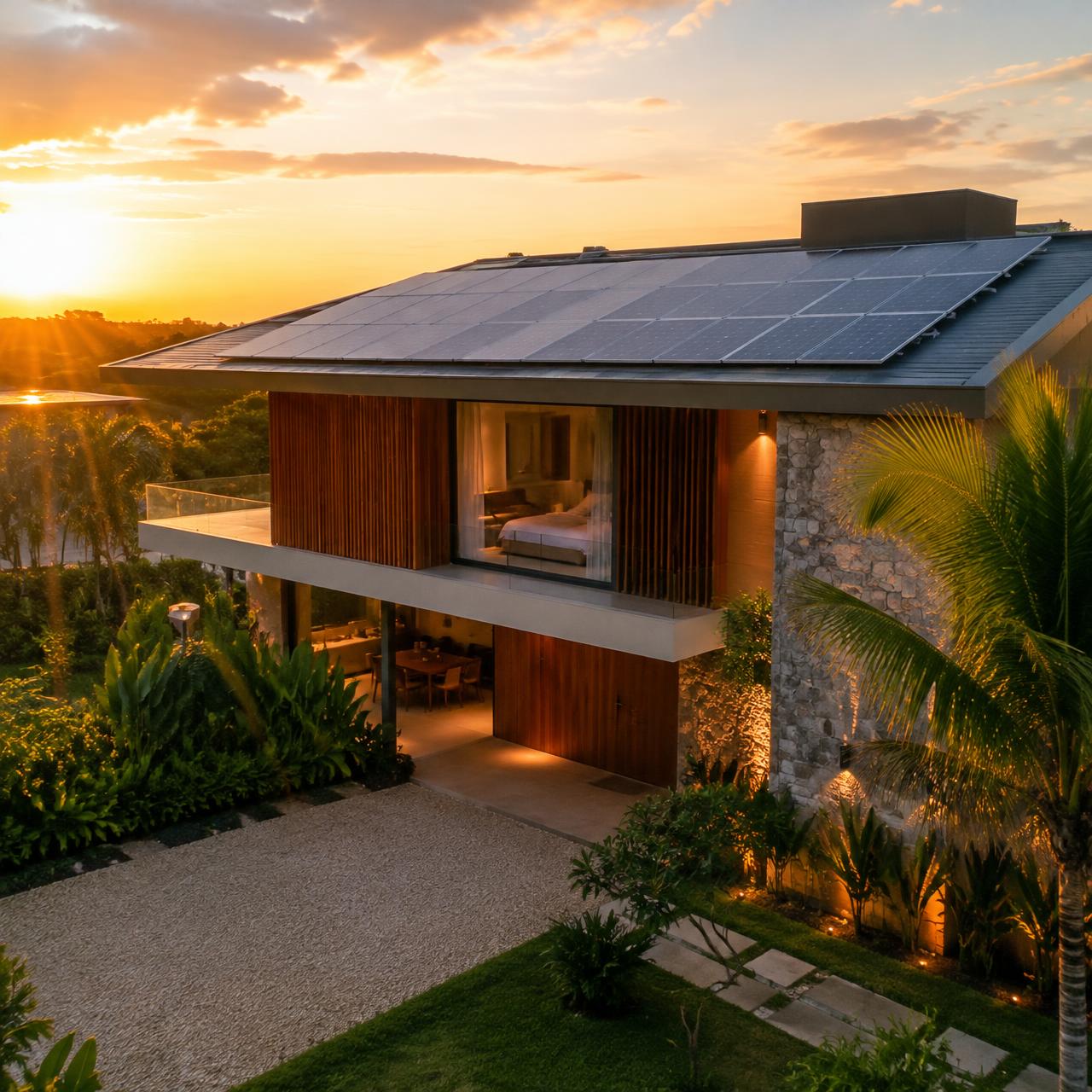 Residência moderna com painéis solares no telhado ao pôr do sol