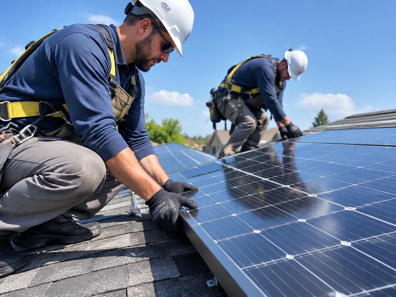 Profissionais instalando painéis solares em telhado residencial